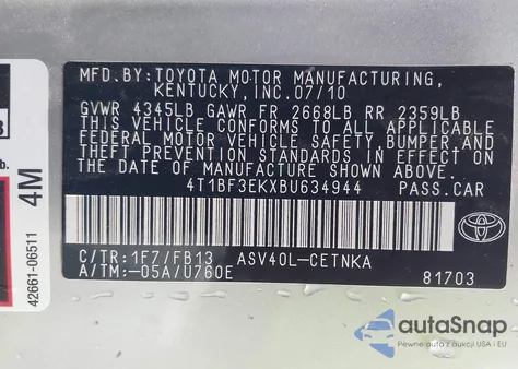 2011 Toyota Camry Le from USA, damaged, VIN 4T1BF3EKXBU634944